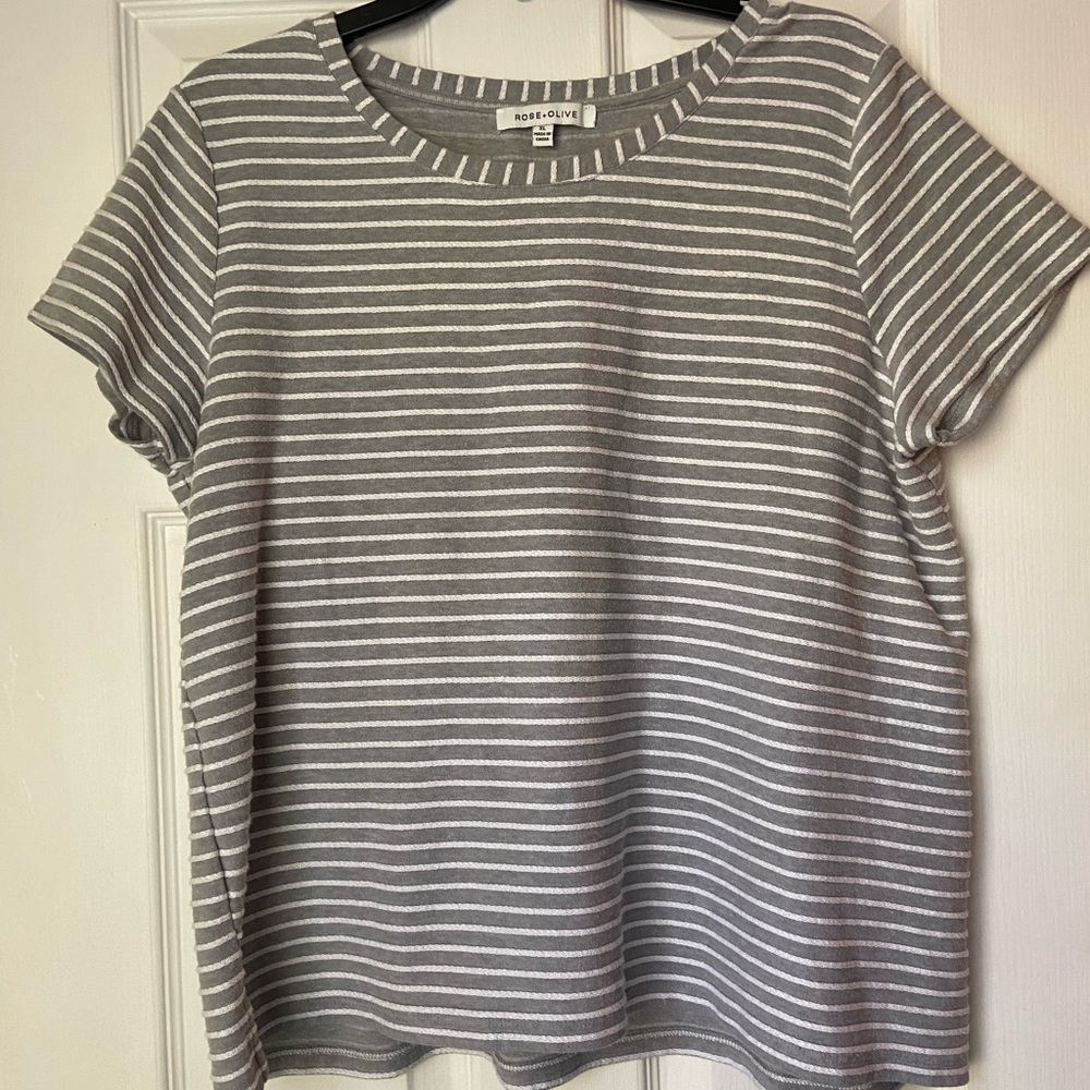 Rose & Olive Gray and White Embroidered Striped T Shirt
